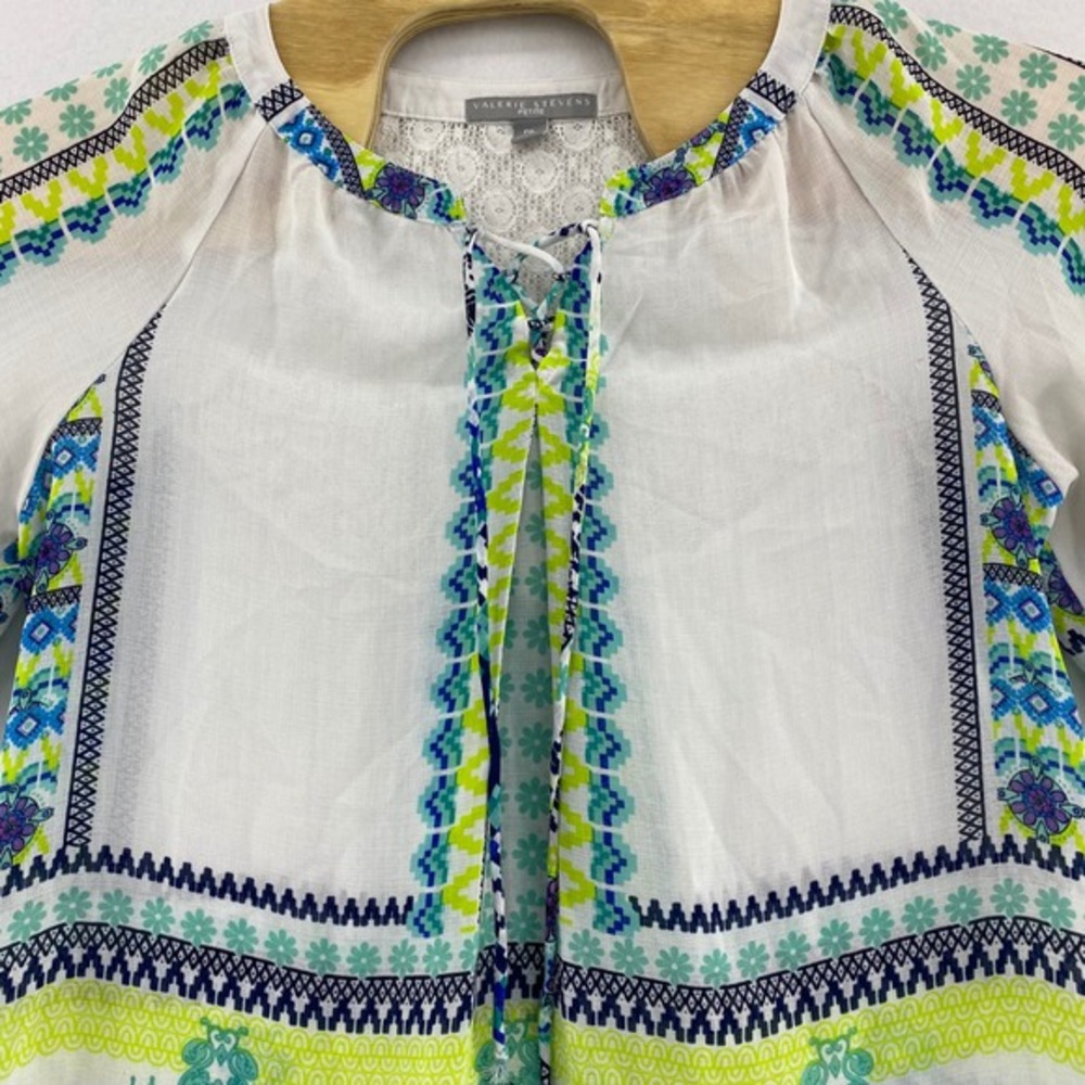 Valerie Stevens Petite PXL Sheer Boho Peasant Blouse Lace Ethnic Print 3Q sleeve